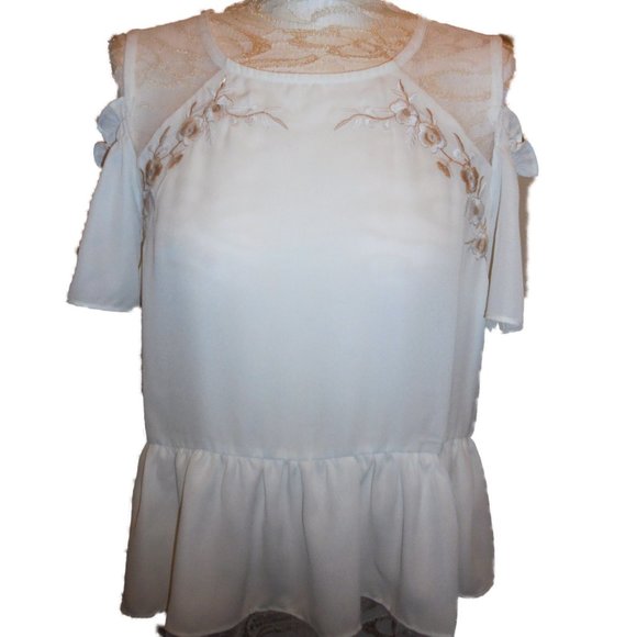 Blouse Floral Embroidery Cream Lace Trimmed Top - Picture 2 of 11